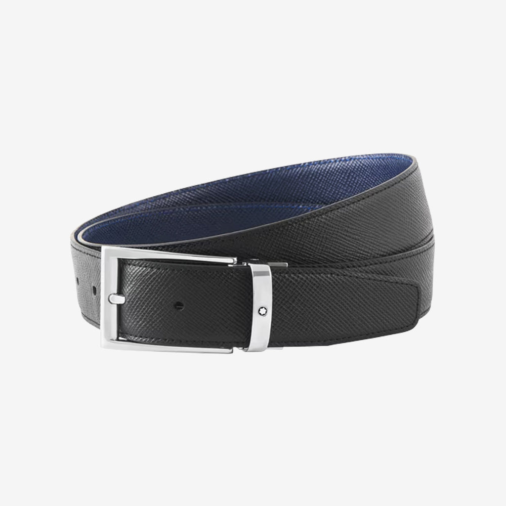 CINTURON DE PIEL CON HEBILLA CUADRADA NEGRO/AZUL 35MM