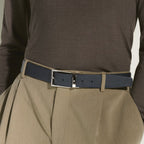 CINTURON DE PIEL CON HEBILLA CUADRADA NEGRO/AZUL 35MM