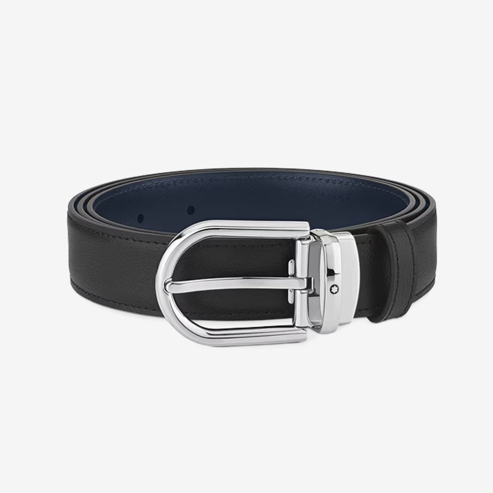 CINTURON DE PIEL REVERSIBLE CON HEBILLA HERRADURA AZUL/CAFE 30MM