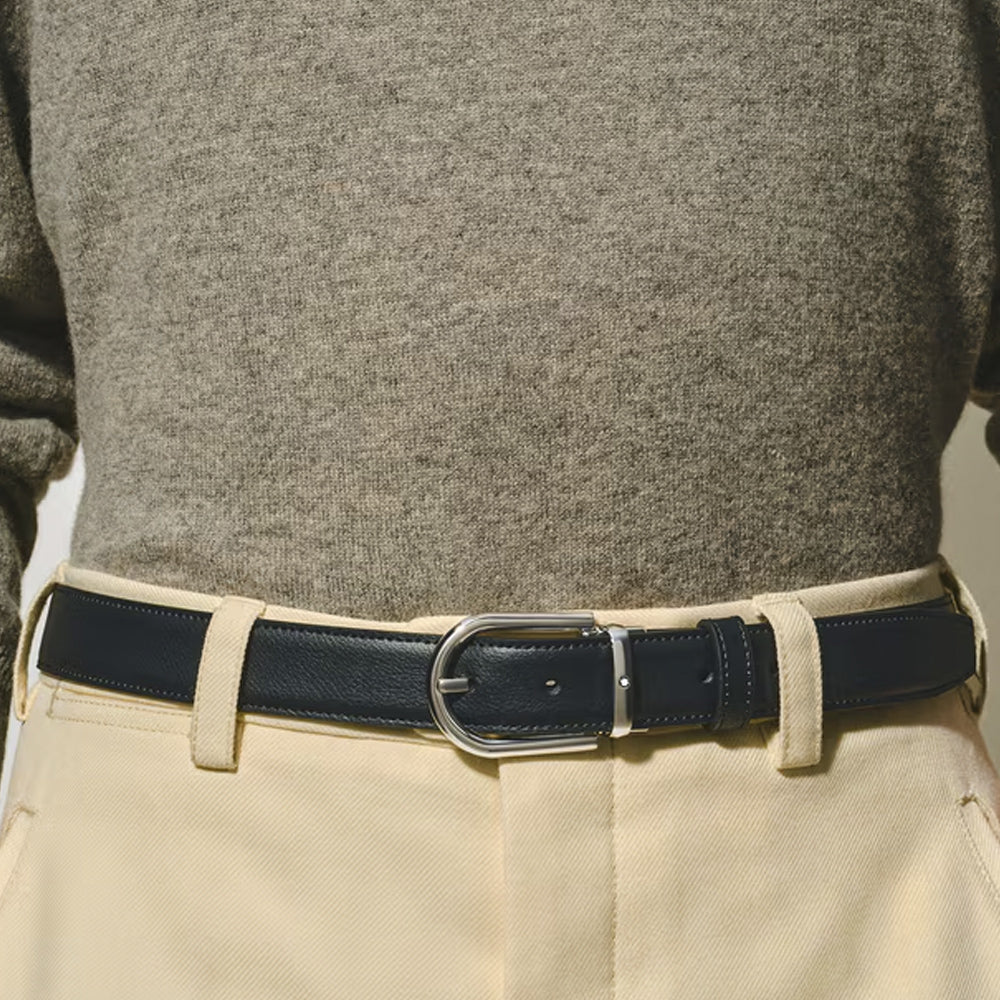 CINTURON DE PIEL REVERSIBLE CON HEBILLA HERRADURA AZUL/CAFE 30MM