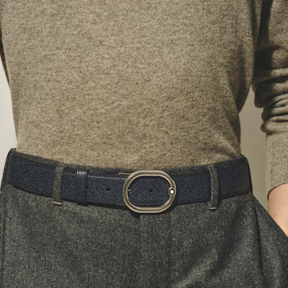 CINTURÓN DE PIEL CON HEBILLA HERRADURA TWEED BLUE/BLACK 30MM